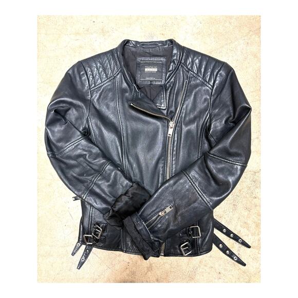 Zara Genuine Leather Moto Jacket Women’s S Black Quilted Biker Asymmetrical Zip - Picture 4 of 7